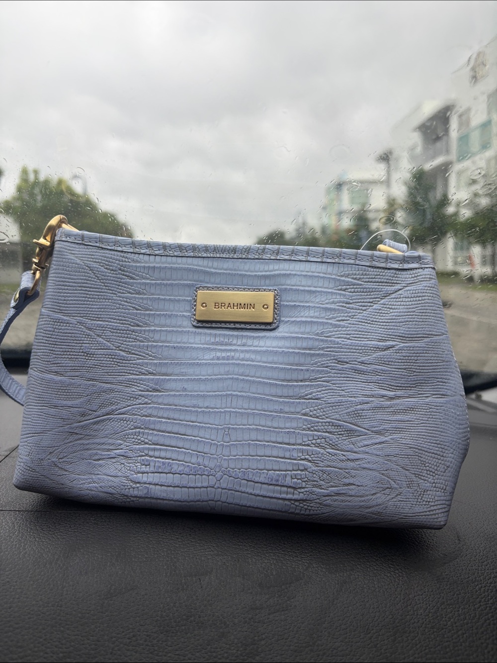 Brahmin Lavender Croc-Embossed Leather Wristlet with Gold Plate